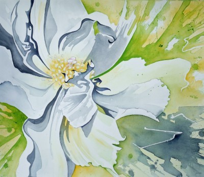 Aquarellbild einer Pfingstrose in expressiven Gelb- und Grüntönen